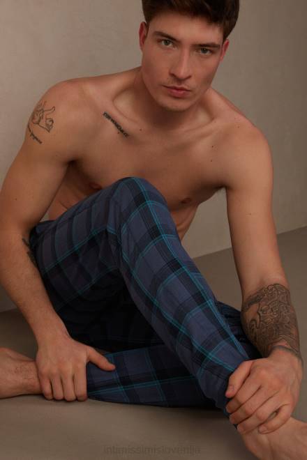 Intimissimi moški 168j-denim moder melange/vodnozelen karo potisk oblačila 2R8X193 kariraste bombažne hlače po celi dolžini