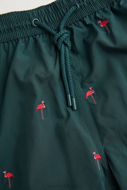 Intimissimi moški 254j-flamingo vezenje temno zelena oblačila 2R8X432 kopalke z vezenimi flamingi