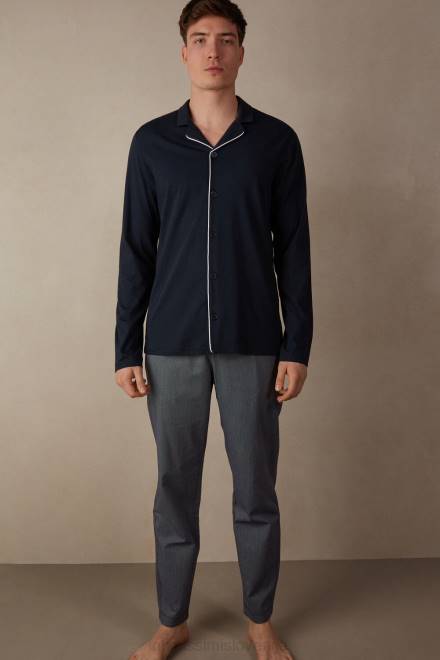 Intimissimi moški 800-polnočno modra oblačila 2R8X300 bombažna odprta polna pižama z rebrastim pike vzorcem