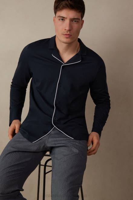 Intimissimi moški 800-polnočno modra oblačila 2R8X300 bombažna odprta polna pižama z rebrastim pike vzorcem