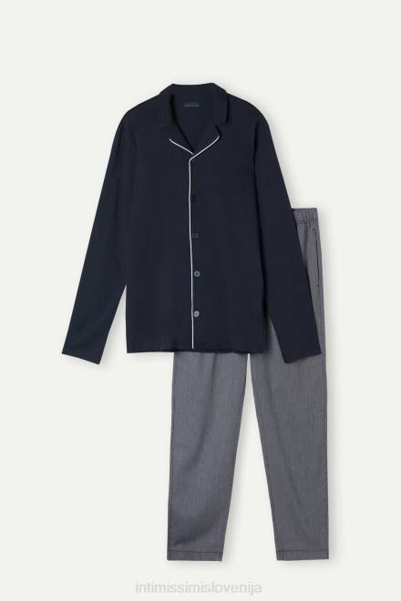 Intimissimi moški 800-polnočno modra oblačila 2R8X300 bombažna odprta polna pižama z rebrastim pike vzorcem