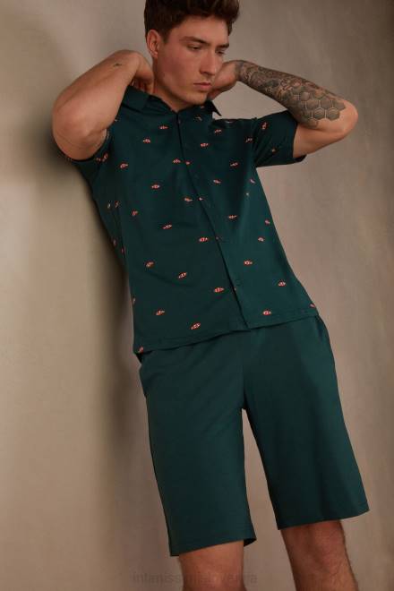 Intimissimi moški 308j-potisk klovnov temno zelen oblačila 2R8X297 kratka bombažna pižama na gumbe s potiskom klovnov