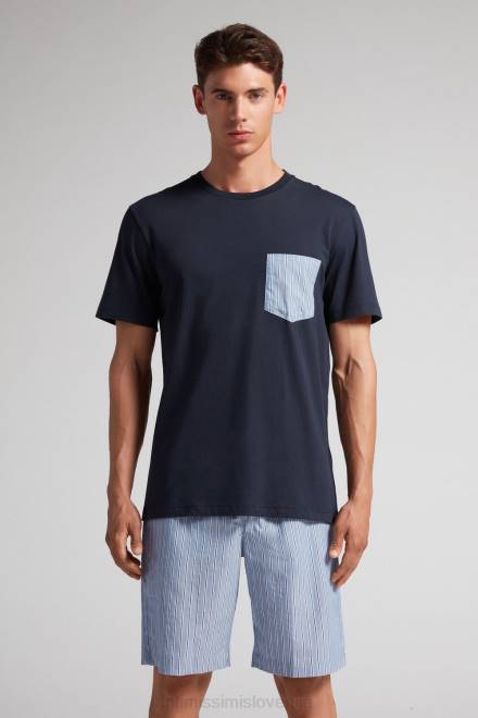 Intimissimi moški 800-polnočno modra oblačila 2R8X296 enobarvne in črtaste bombažne kratke pižame