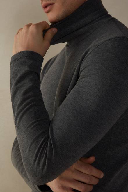 Intimissimi moški 5227-ogljeno siv melanž oblačila 2R8X217 top iz modala in kašmirja z dolgimi rokavi in ​​visokim ovratnikom