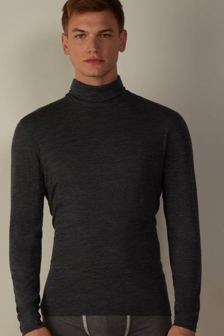 Intimissimi moški 7522-ogljeno siva mešanica oblačila 2R8X247 top iz merino volne z dolgimi rokavi in ​​visokim ovratnikom