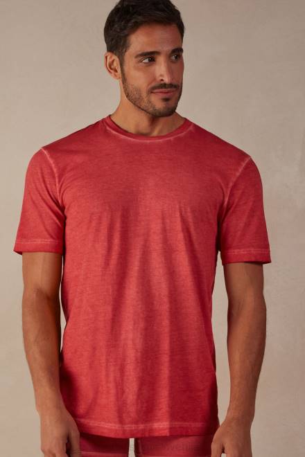 Intimissimi moški 318j-oljno rdeča oblačila 2R8X178 z oljem opran bombažni top s kratkimi rokavi