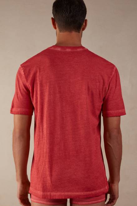 Intimissimi moški 318j-oljno rdeča oblačila 2R8X178 z oljem opran bombažni top s kratkimi rokavi