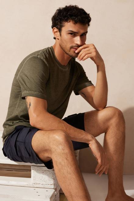 Intimissimi moški 319j-zeleno olje oblačila 2R8X161 z oljem opran bombažni top s kratkimi rokavi