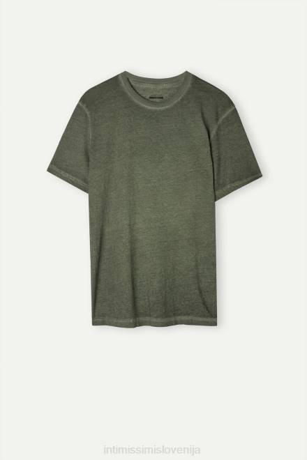 Intimissimi moški 319j-zeleno olje oblačila 2R8X161 z oljem opran bombažni top s kratkimi rokavi