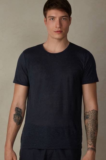 Intimissimi moški 800-polnočno modra oblačila 2R8X222 lanena majica s kratkimi rokavi
