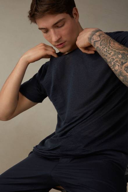 Intimissimi moški 800-polnočno modra oblačila 2R8X222 lanena majica s kratkimi rokavi