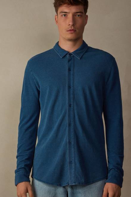 Intimissimi moški 041j-denim modra melanž oblačila 2R8X206 sprana kolekcija bombažna pike srajca