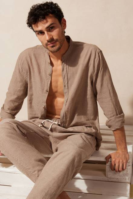 Intimissimi moški 295j-tobak oblačila 2R8X162 srajca z mandarinskim ovratnikom iz lanu in bombaža