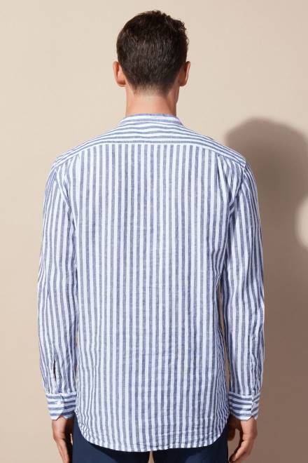 Intimissimi moški 297j-bele modre črte oblačila 2R8X155 črtasta lanena in bombažna srajca z mandarinskim ovratnikom