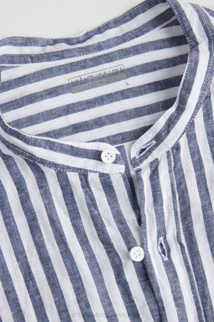 Intimissimi moški 297j-bele modre črte oblačila 2R8X155 črtasta lanena in bombažna srajca z mandarinskim ovratnikom