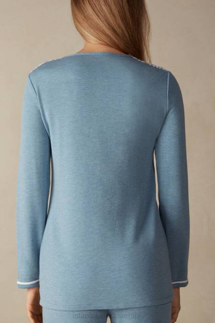 Intimissimi ženske 145j-svetlo modra melanž/prašno bela oblačila 2R8X1588 romantična spalnica v modalu z volnenim zgornjim delom na gumbe