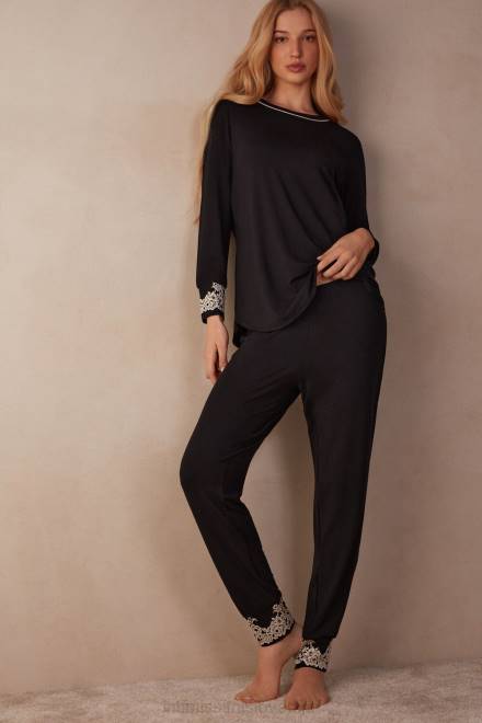 Intimissimi ženske 9887-črna/slonokoščena oblačila 2R8X1655 modalne hlače z manšetami v polno dolžino s čudovitimi rožicami