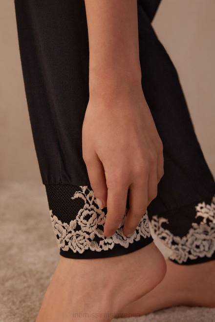 Intimissimi ženske 9887-črna/slonokoščena oblačila 2R8X1655 modalne hlače z manšetami v polno dolžino s čudovitimi rožicami