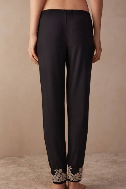 Intimissimi ženske 9887-črna/slonokoščena oblačila 2R8X1655 modalne hlače z manšetami v polno dolžino s čudovitimi rožicami