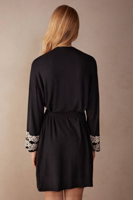 Intimissimi ženske 9887-črna/slonokoščena oblačila 2R8X1644 modalni negliže z lepimi rožami