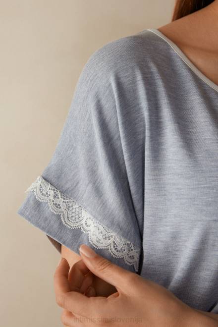 Intimissimi ženske 009j-svetlo modra melanž oblačila 2R8X1634 modalni top s kratkimi rokavi in ​​čipkastim detajlom