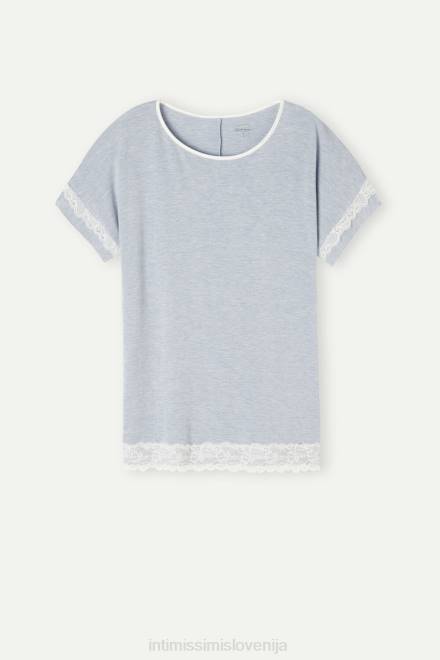Intimissimi ženske 009j-svetlo modra melanž oblačila 2R8X1634 modalni top s kratkimi rokavi in ​​čipkastim detajlom
