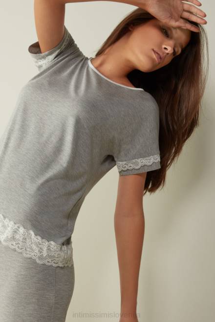 Intimissimi ženske 031-svetlo siv melanž oblačila 2R8X1672 modalni top s kratkimi rokavi in ​​čipkastim detajlom