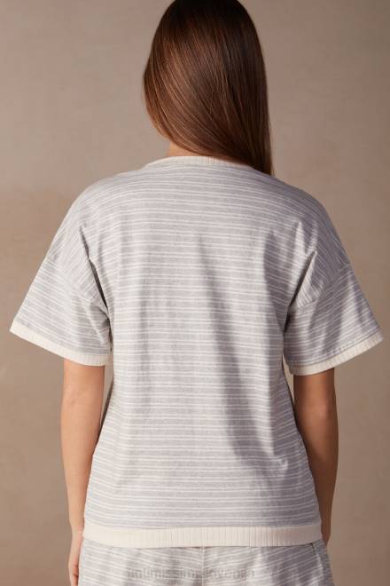 Intimissimi ženske 224j-siva melanž/vanilija bež črta oblačila 2R8X1560 prosti nedeljski top s kratkimi rokavi