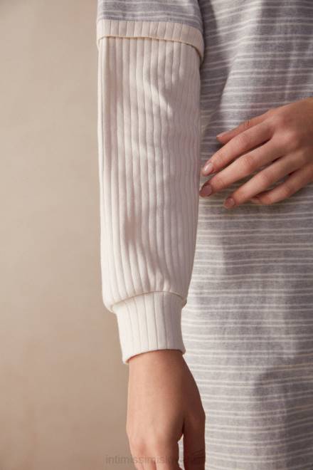 Intimissimi ženske 224j-siva melanž/vanilija bež črta oblačila 2R8X1561 sproščena nedeljska spalna srajca z dolgimi rokavi