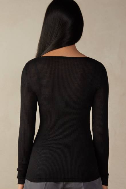 Intimissimi ženske 019-črna oblačila 2R8X1345 volnen in svilen zgornji del z dolgimi rokavi in ​​okroglim izrezom