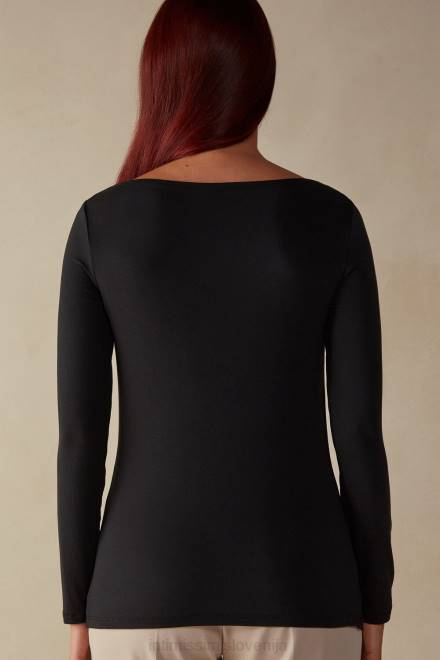 Intimissimi ženske 019-črna oblačila 2R8X1359 mikromodalen zgornji del z dolgimi rokavi in ​​ladjastim izrezom