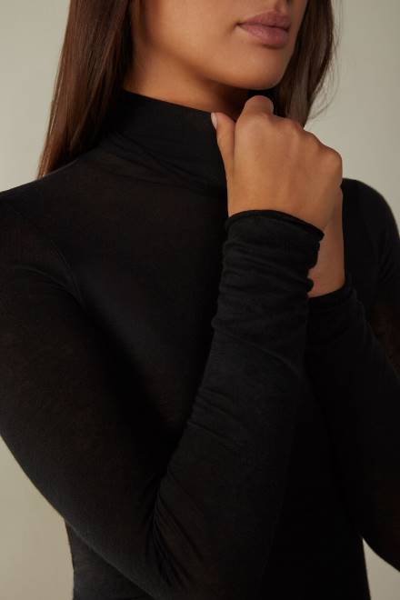 Intimissimi ženske 019-črna oblačila 2R8X1447 modalni ultralahki top z visokim ovratnikom iz kašmirja