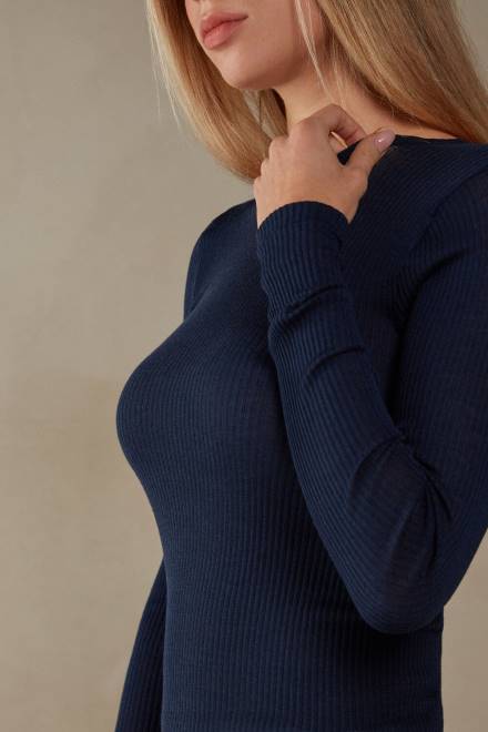 Intimissimi ženske 1467-intenzivno modra oblačila 2R8X1336 volnen in svilen zgornji del z dolgimi rokavi in ​​okroglim izrezom