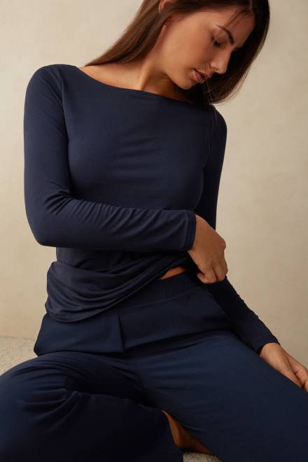 Intimissimi ženske 1467-intenzivno modra oblačila 2R8X1358 mikromodalen zgornji del z dolgimi rokavi in ​​ladjastim izrezom