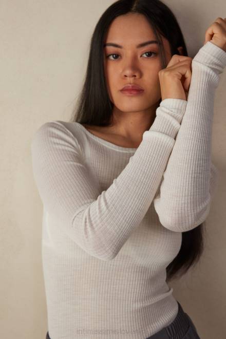 Intimissimi ženske 2127-prašno bela oblačila 2R8X1344 volnen in svilen zgornji del z dolgimi rokavi in ​​okroglim izrezom