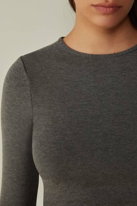 Intimissimi ženske 5227-ogljeno siv melanž oblačila 2R8X1379 majica z dolgimi rokavi in ​​okroglim izrezom iz plišastega modala s kašmirjem