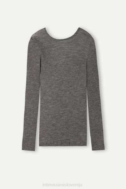 Intimissimi ženske 7481-aluminij siva mešanica oblačila 2R8X1340 volnen in svilen zgornji del z dolgimi rokavi in ​​okroglim izrezom