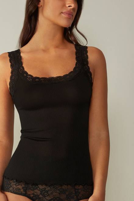 Intimissimi ženske 019-črna oblačila 2R8X1476 svilen top s čipkastim izrezom