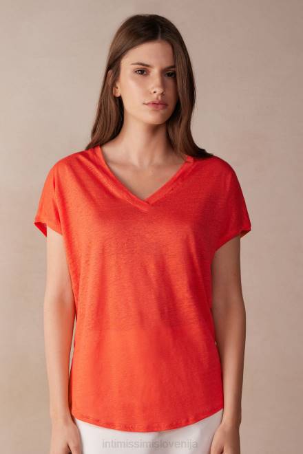 Intimissimi ženske 219j-plamen škrlat oblačila 2R8X1306 lanena majica s kratkimi rokavi in ​​v izrezom
