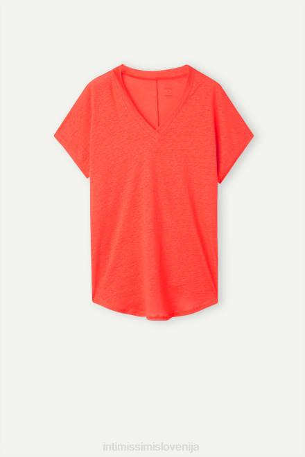 Intimissimi ženske 219j-plamen škrlat oblačila 2R8X1306 lanena majica s kratkimi rokavi in ​​v izrezom