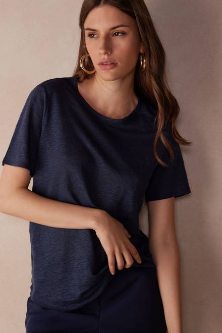 Intimissimi ženske 243j-mornarsko modra oblačila 2R8X1301 lanena srajca s kratkimi rokavi